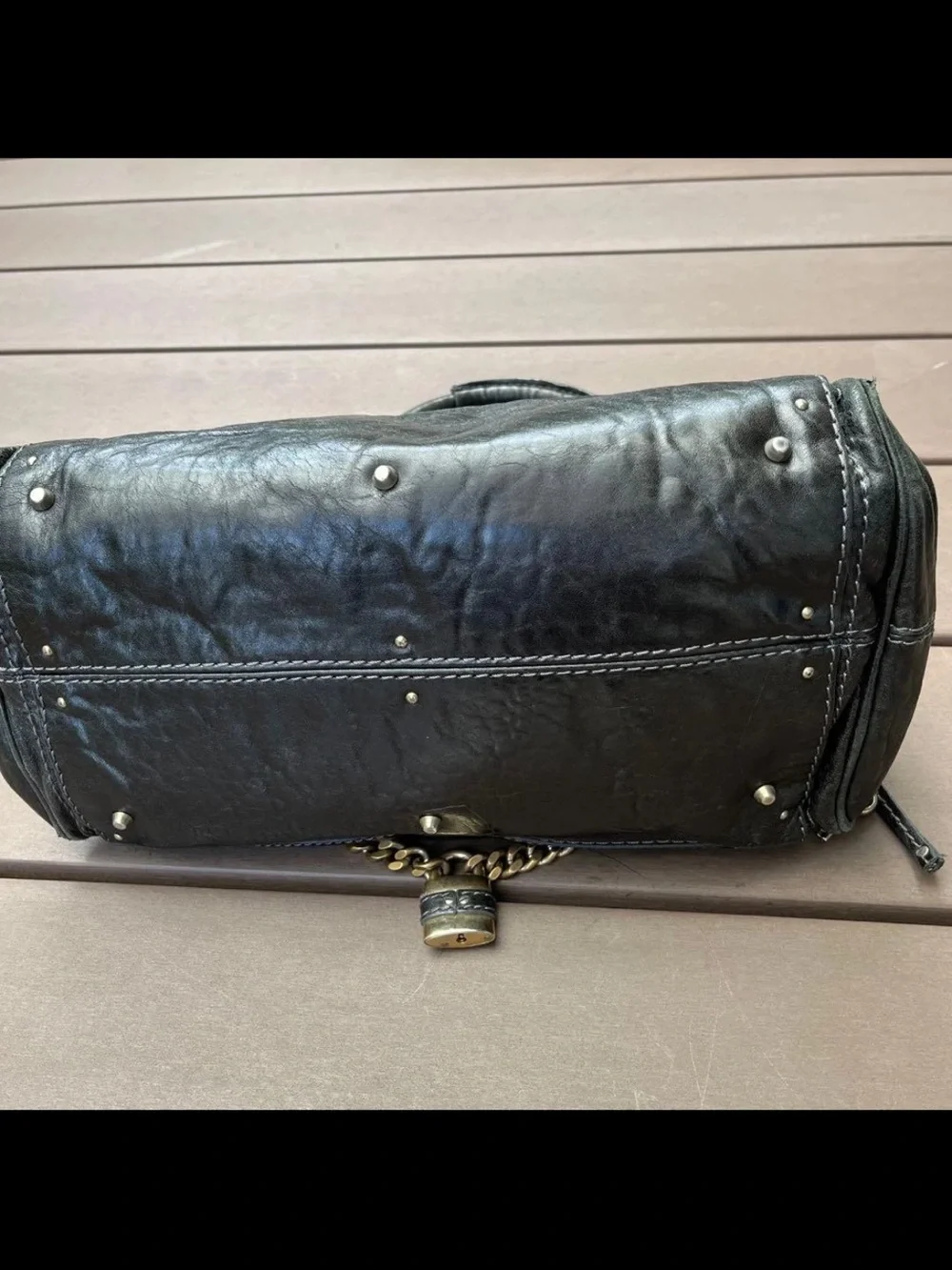 Chloe Black Leather Satchel with Brass Chain Detail